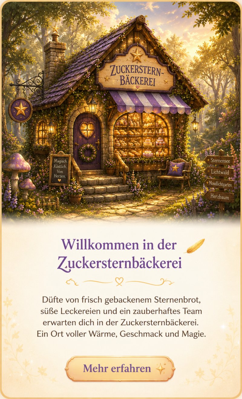 Willkommen in der Zuckersternbäckerei: Düfte von frisch gebackenem Sternenbrot, süße Leckereien und ein zauberhaftes Team erwarten dich in der Zuckersternbäckerei. Ein Ort voller Wärme, Geschmack und Magie.