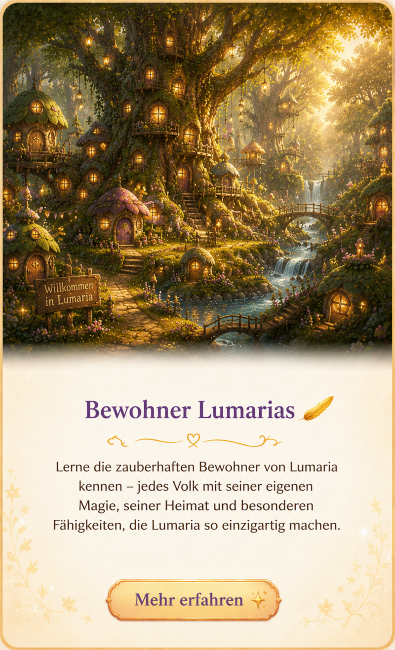 Bewohner Lumarias: lerne die zauberhaften Bewohner von Lumaria kennen, jedes Volk mit seiner eigenen Magie, seiner Heimat und besonderen Fähigkeiten, die Lumaria so einzigartig machen.