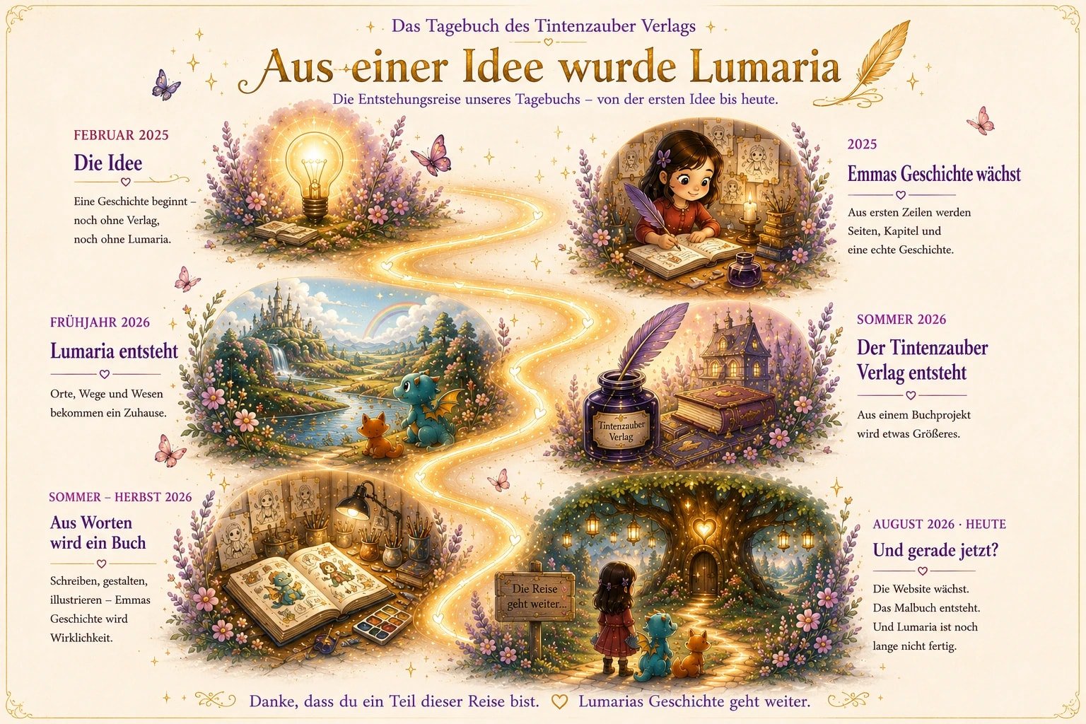 Aus einer Idee wurde Lumaria &ndash; die Entstehungsreise des Tintenzauber Verlags, dargestellt als illustrierte Zeitleiste von Februar 2025 bis August 2026