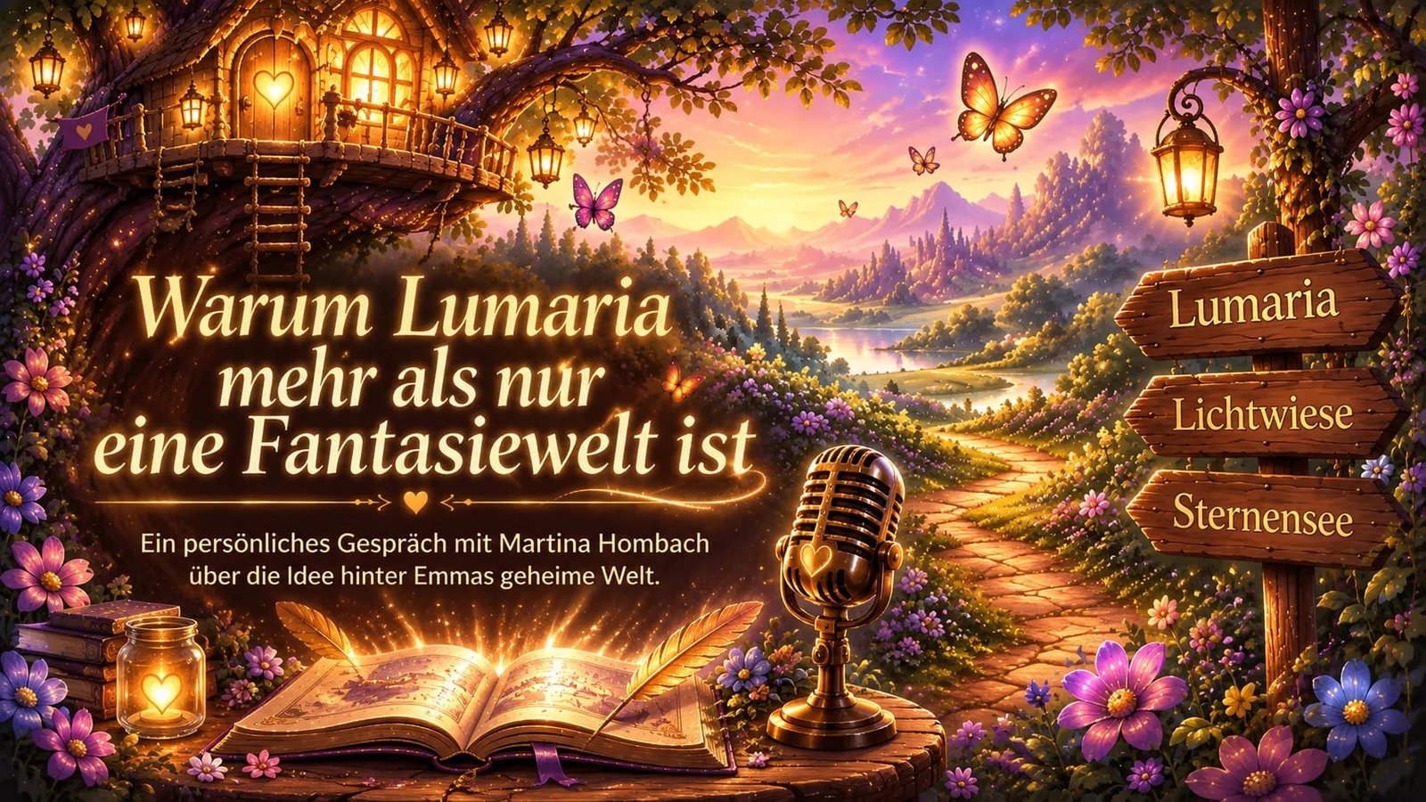 Illustrierte Lumaria-Szene mit Baumhaus, Wegweiser nach Lumaria, Lichtwiese und Sternensee, einem aufgeschlagenen Buch mit goldener Feder und einem Mikrofon, dazu der Titel „Warum Lumaria mehr als nur eine Fantasiewelt ist“