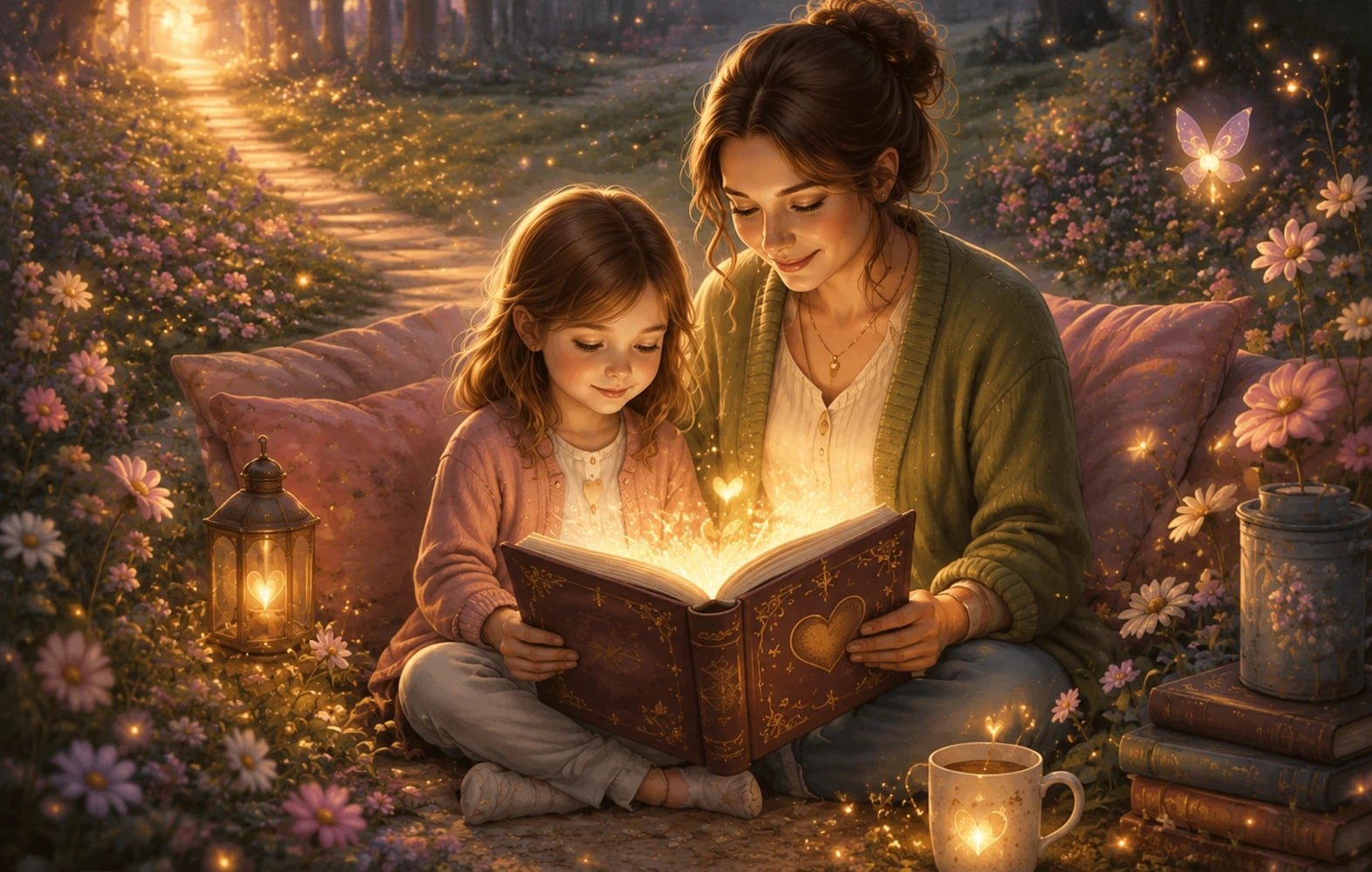 Mutter und Kind lesen gemeinsam in einem leuchtenden Buch