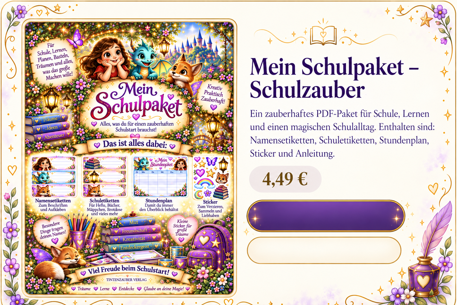 Mein Schulpaket &ndash; Schulzauber. Ein zauberhaftes PDF-Paket für Schule, Lernen und einen magischen Schulalltag. Enthalten sind: Namensetiketten, Schuletiketten, Stundenplan, Sticker und Anleitung. 4,49 €