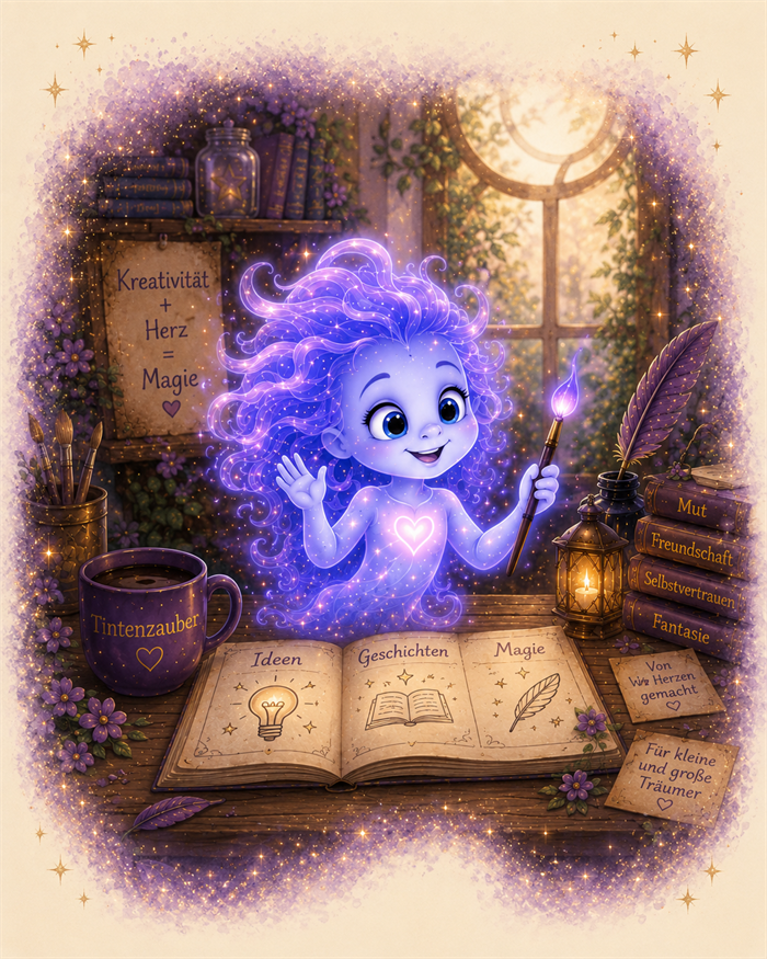 Der kleine KI-Geist in Martinas magischer Werkstatt, umgeben von Büchern, einer Feder, einer Laterne und einem Zauberbuch mit den Seiten Ideen, Geschichten und Magie.