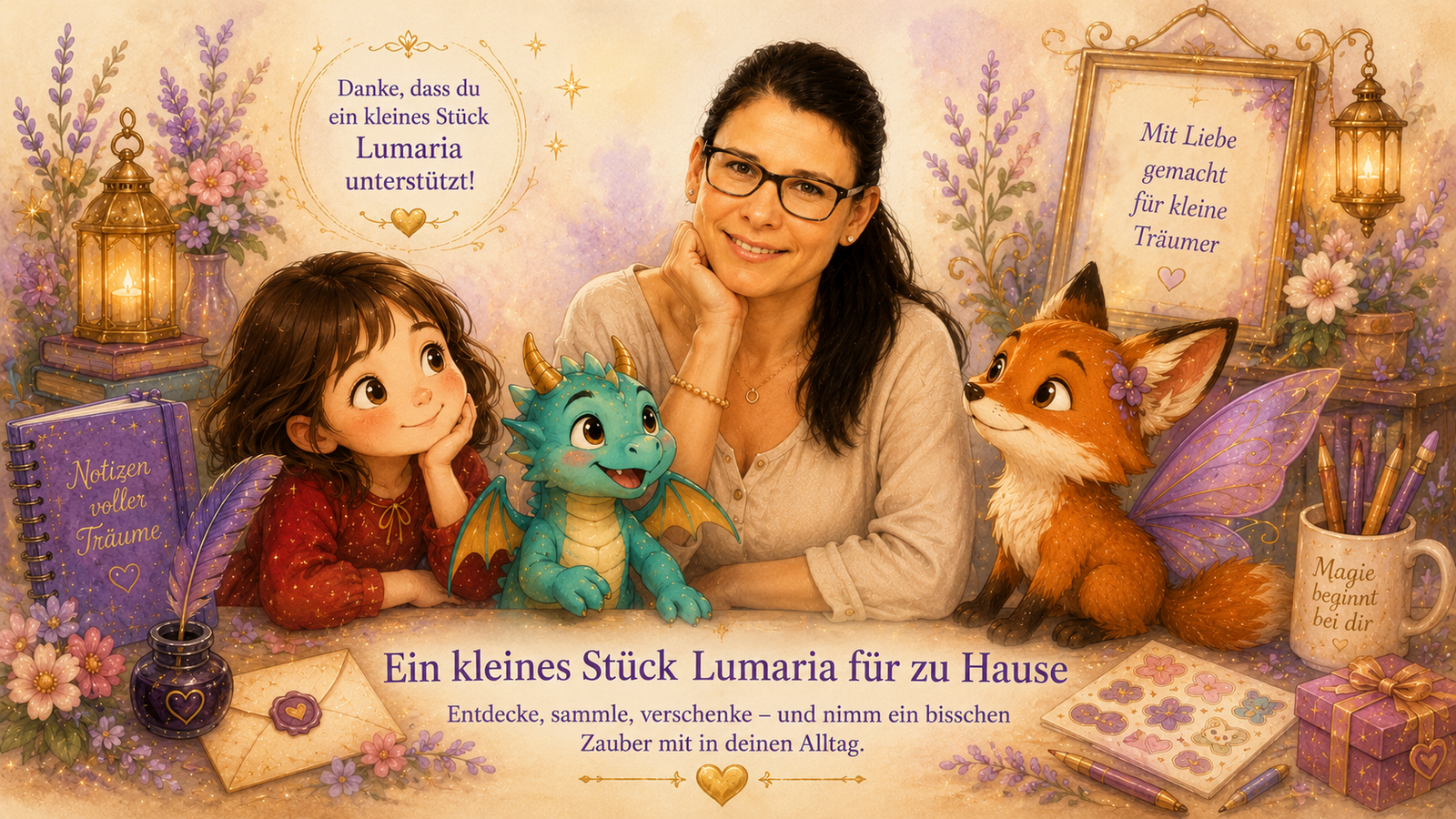 Martina mit Emma, Loomus und Fina: Danke, dass du ein kleines Stück Lumaria unterstützt! Mit Liebe gemacht für kleine Träumer. Ein kleines Stück Lumaria für zu Hause. Entdecke, sammle, verschenke &ndash; und nimm ein bisschen Zauber mit in deinen Alltag.
