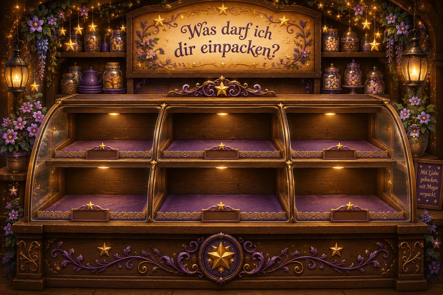 Was darf ich dir einpacken? Meister Zimtsterns märchenhafte Verkaufstheke mit sechs leeren Auslagefächern, umrahmt von Laternen, Blüten und Sternen, mit dem Spruch „Mit Liebe gebacken, mit Magie verpackt.“