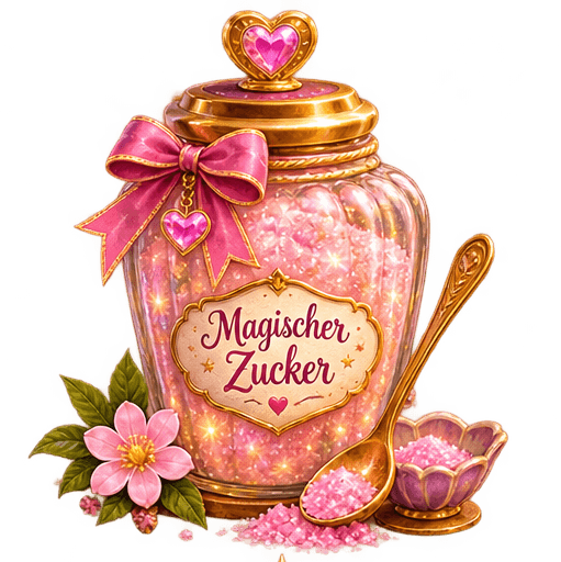 Glas Magischer Zucker, gefüllt mit funkelndem rosa Zucker, verziert mit pinker Herzschleife und goldenem Löffel, beschriftet mit „Magischer Zucker“.