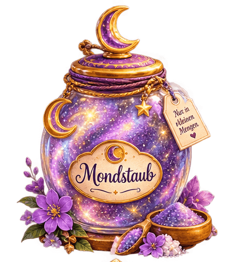 Glas Mondstaub mit funkelndem violett-goldenem Sternenstaub, verziert mit Mondsichel-Deckel und kleinen Mondanhängern, beschriftet mit „Mondstaub“.