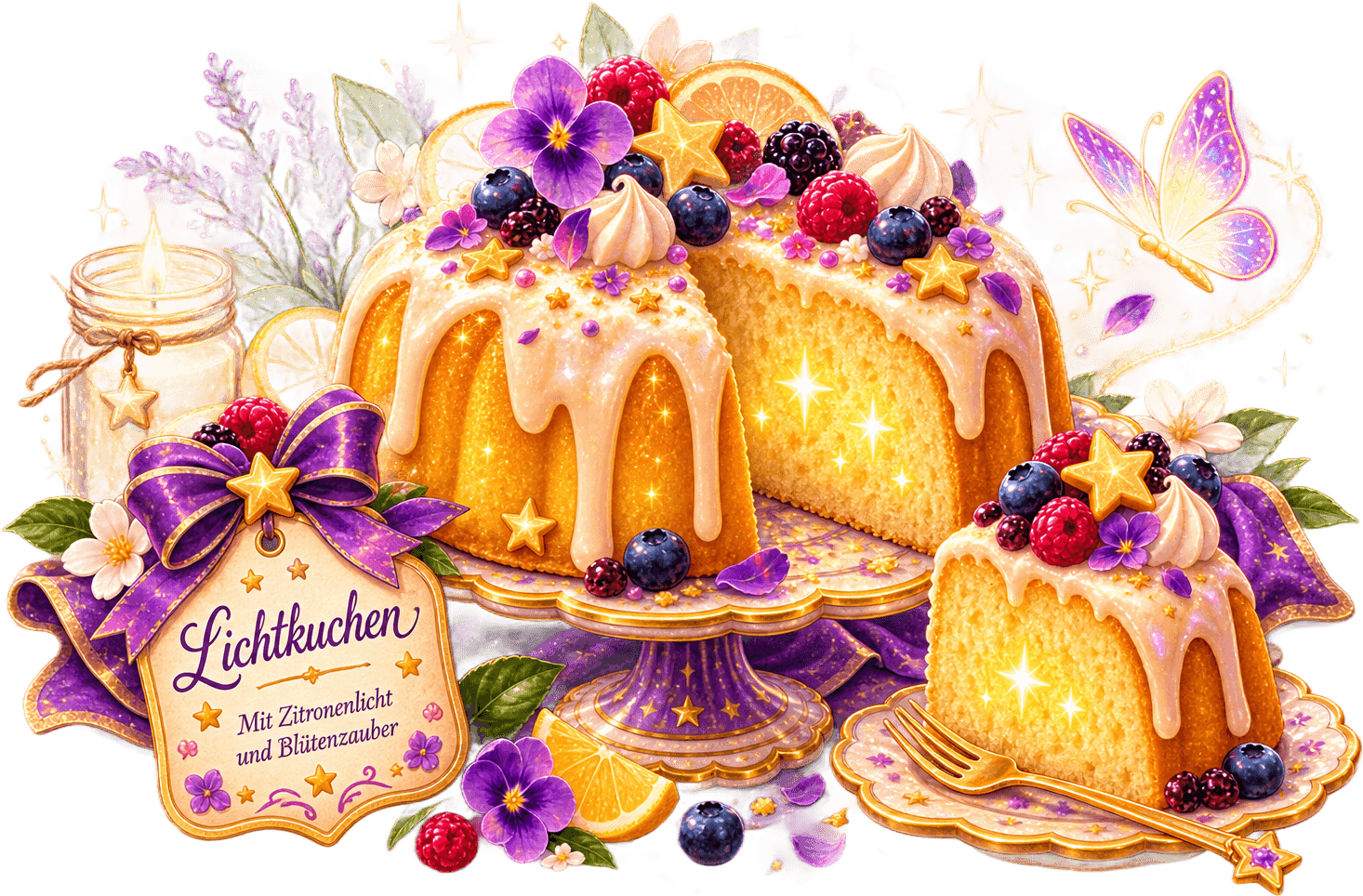 Lichtkuchen: ein glasierter Gugelhupf mit Beeren und Blüten auf einem violetten Kuchenständer, daneben ein angeschnittenes Stück auf einem Teller