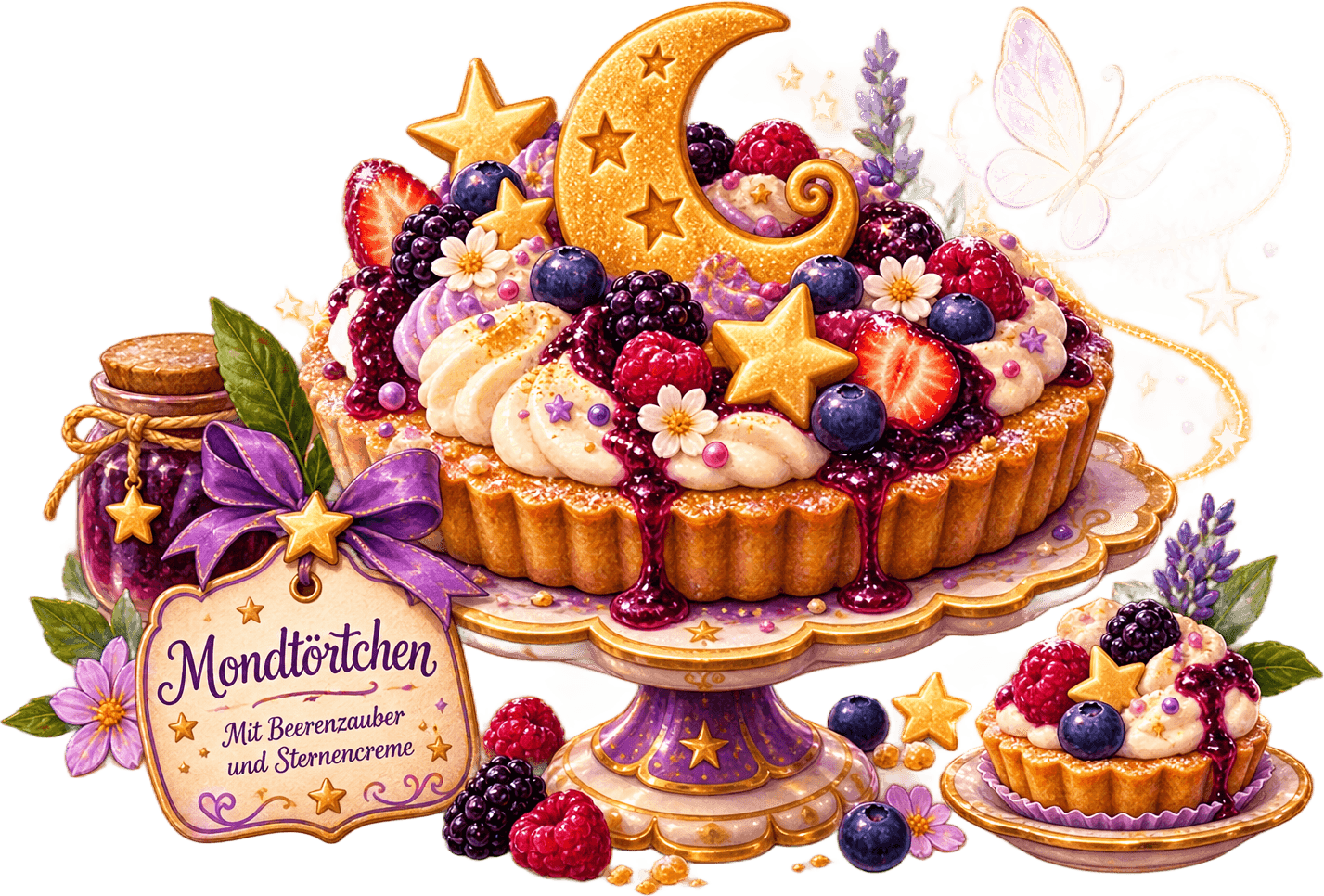 Mondtörtchen: ein Beerentörtchen mit goldenem Mondornament, frischen Beeren und Blüten auf einem violetten Kuchenständer, daneben ein kleines Törtchen