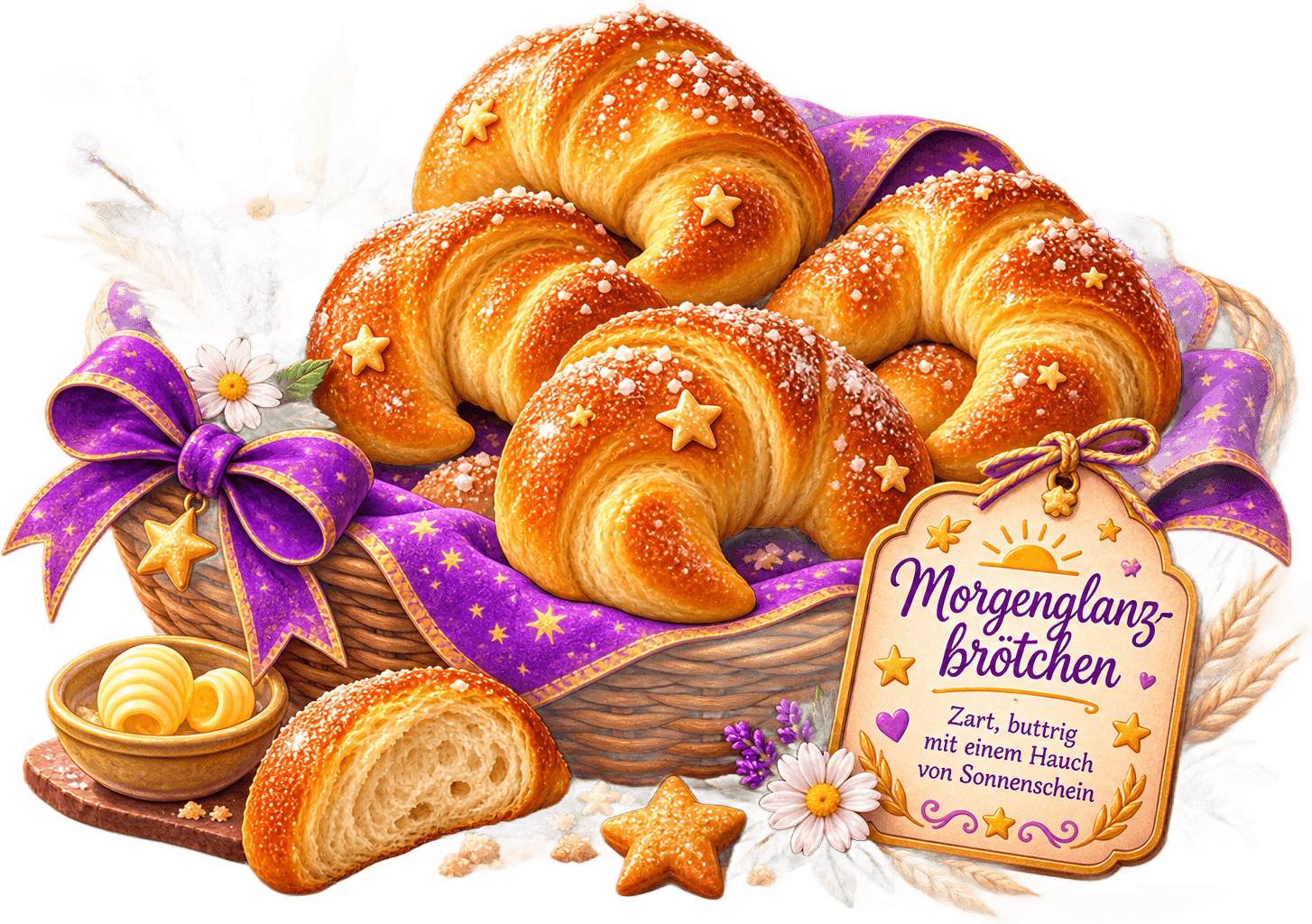 Morgenglanzbrötchen: ein Weidenkorb voller goldbraun gebackener Brötchen mit Zuckersternen, daneben Butter und ein aufgeschnittenes Brötchen